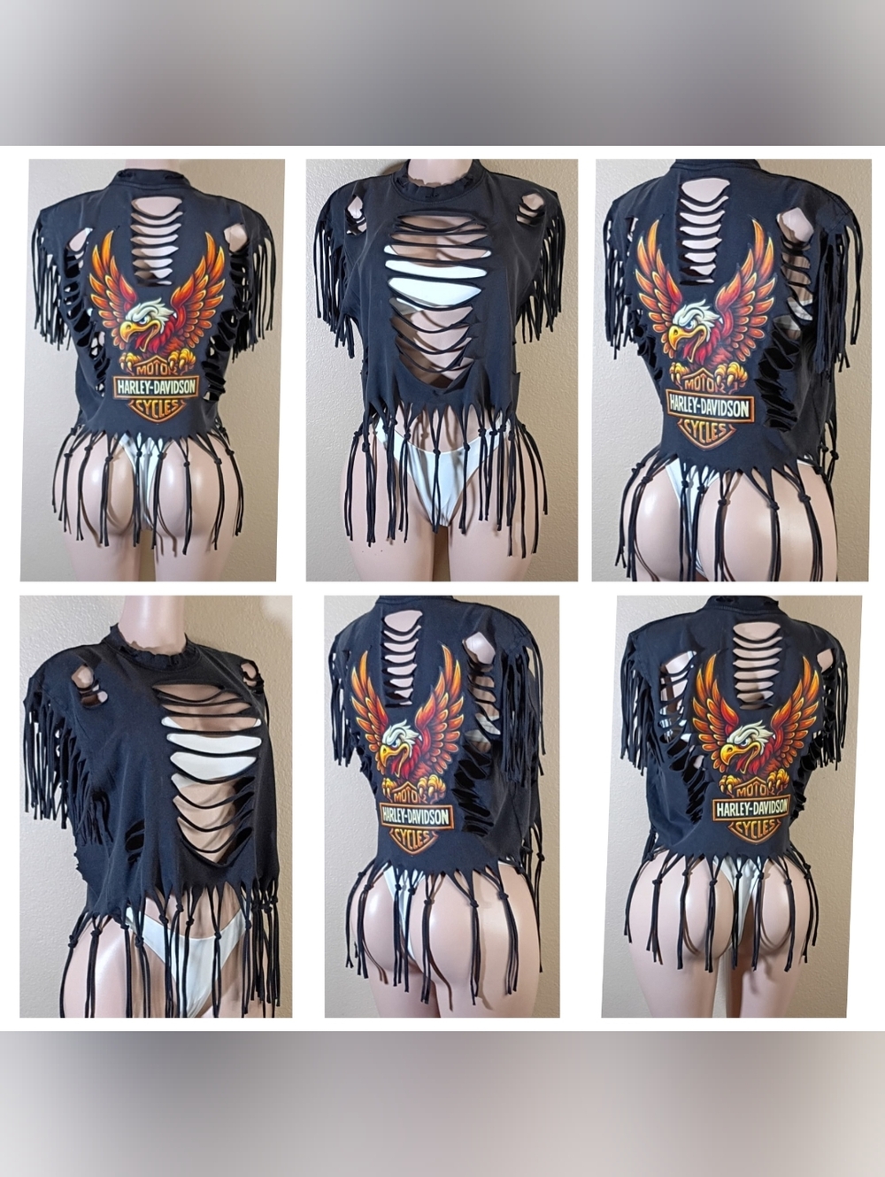 Black Biket Cropped Fringe Distressed Eagle Top